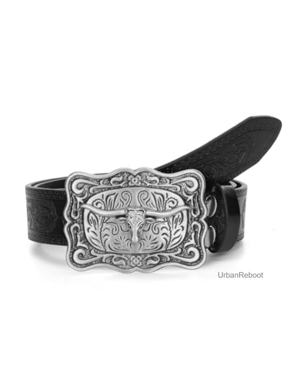 Western Cowboy PU Leather Belt Turquoise Oval Bull Head Buckle Embossed